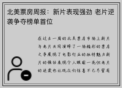 北美票房周报：新片表现强劲 老片逆袭争夺榜单首位