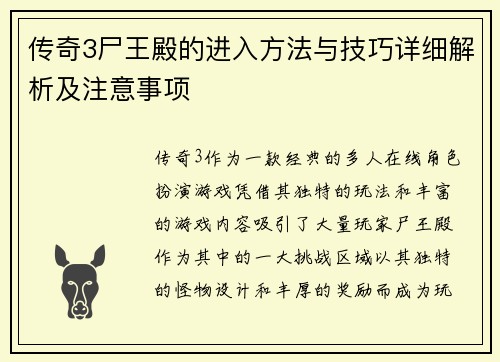 传奇3尸王殿的进入方法与技巧详细解析及注意事项